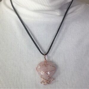 Artisan rose quartz heart pendant on black suede cord 20”